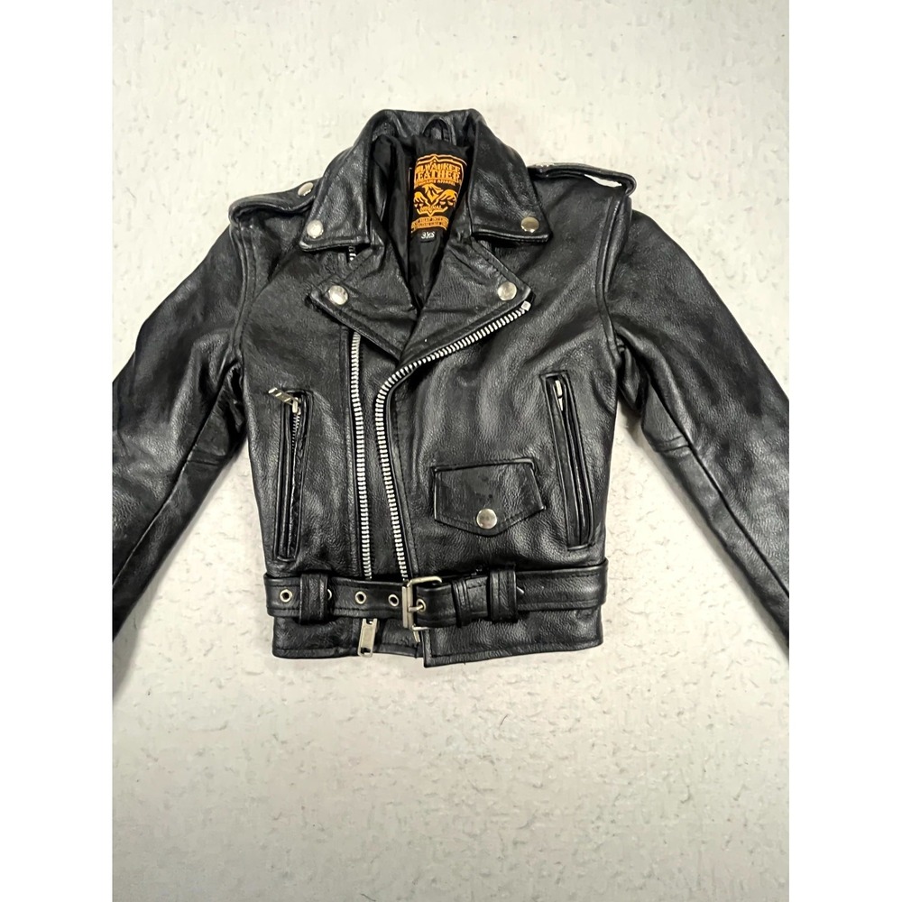 Milwaukee Moto Jacket Kid 3XS Black Leather‎ Full Zip Lapel Collar Cropped Biker